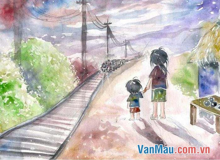 Hai đứa trẻ nhìn đoàn tàu chạy qua